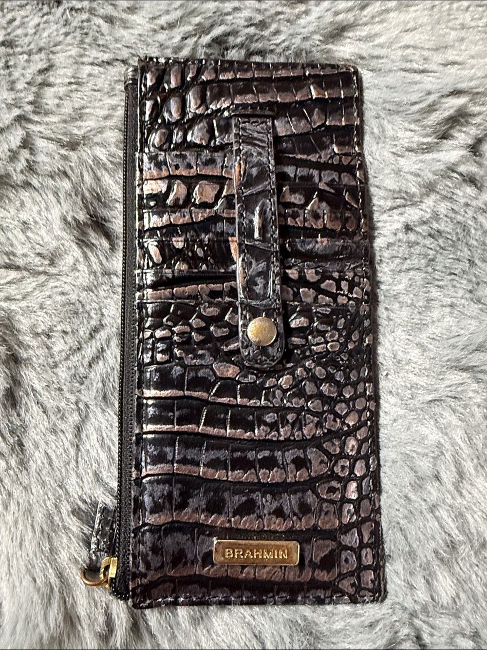 Brahmin Dark Black and copper ish tone Croc-Embossed Leather Zip Wallet cards